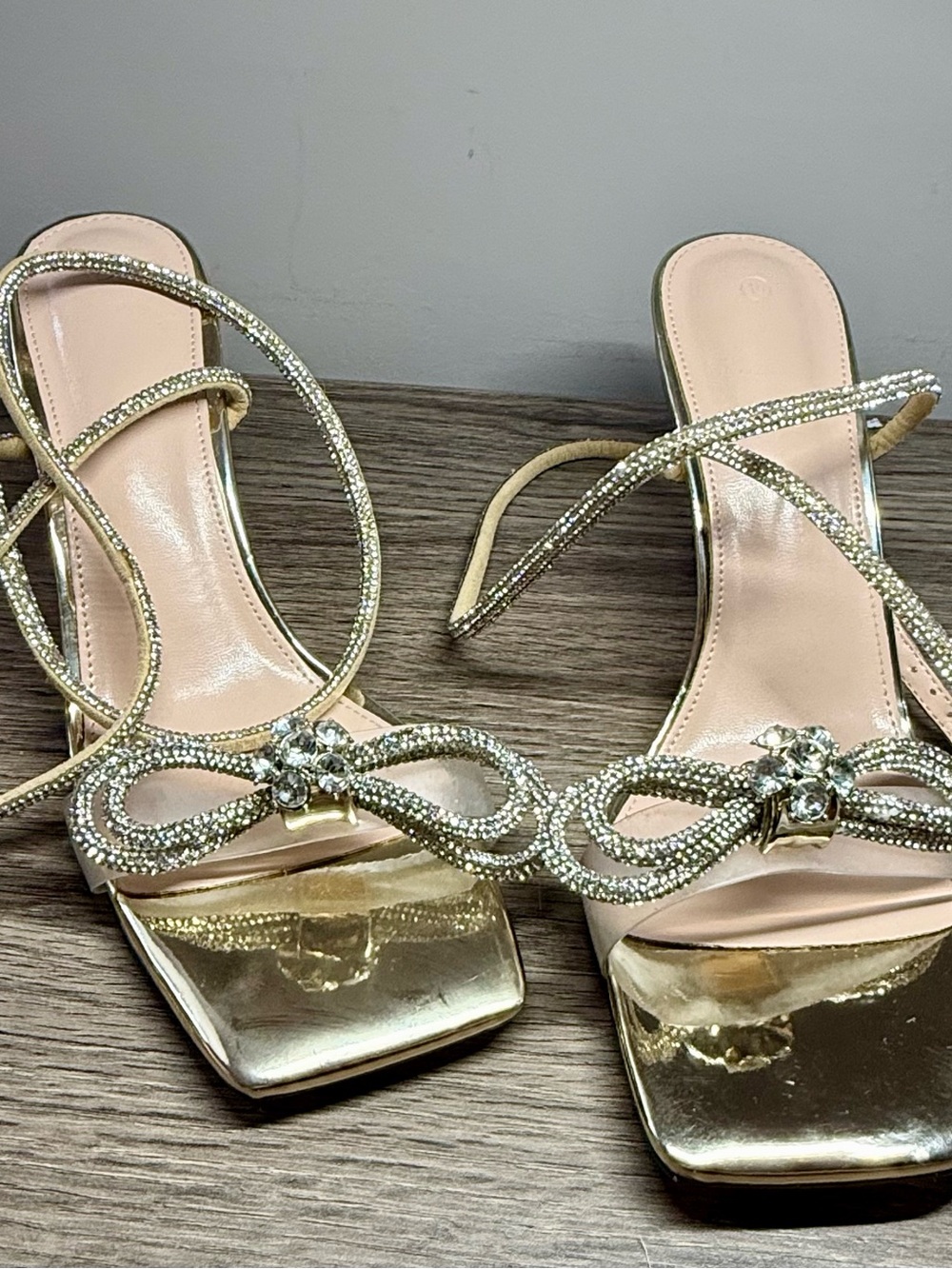 Women's Gold Strappy Crystal Bow Sandals